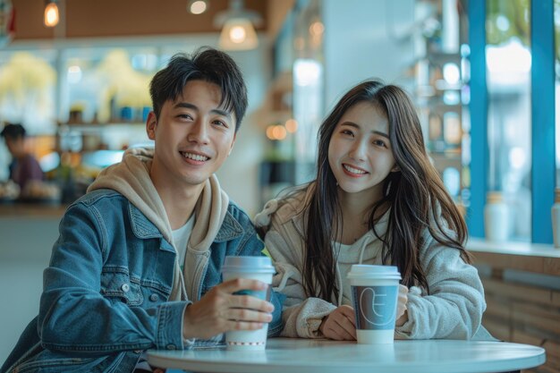 Foto casal jovem a conversar e a beber bebidas.