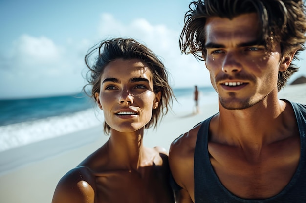 Casal jovem adulto aproveitando as férias de verão na praia Ilustração generativa de IA