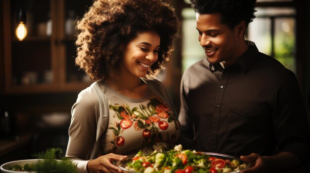 Casal jovem afro-americano comendo salada juntos em casa perto Generative AI