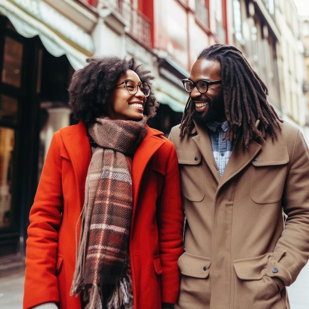 Casal jovem afro-americano feliz em óculos e casaco andando na cidade