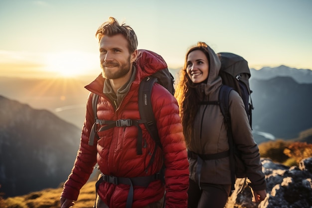 Casal jovem ao ar livre com mochila de alpinista