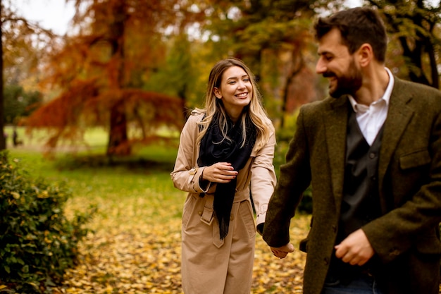 Casal jovem bonito caminhando no parque de outono