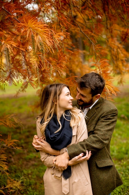 Foto casal jovem bonito no parque outono