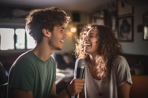 Foto casal jovem cantando karaokê juntos em uma casa