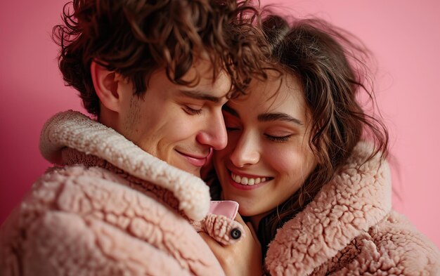 Casal jovem com um buquê de flores abraçando-se em fundo rosa celebração do Dia dos Namorados