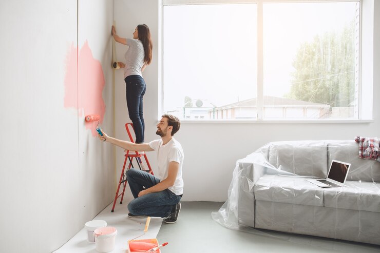 Foto casal jovem fazendo conserto de apartamento