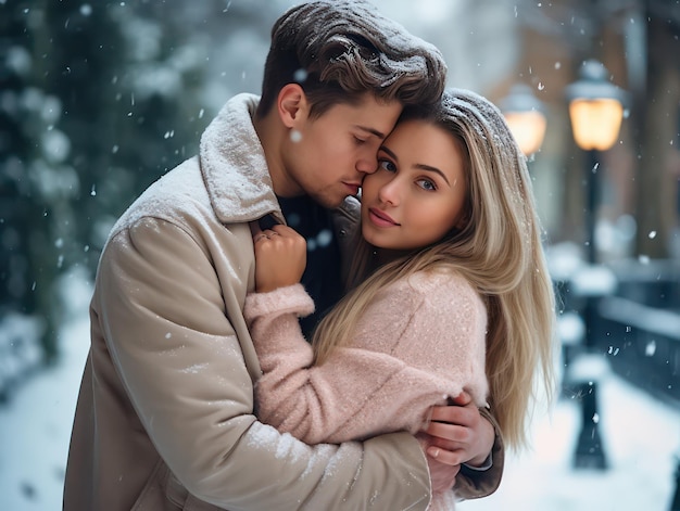 Casal jovem feliz abraçando ao ar livre em um parque nevado O amor abraça o relacionamento familiar