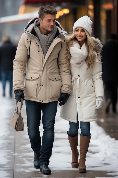 Casal jovem feliz andando no inverno ilustração gerada por IA