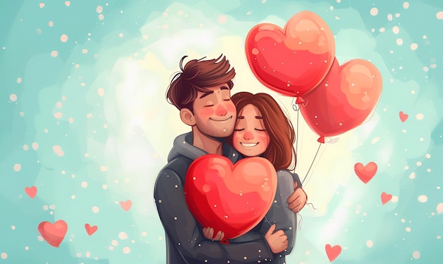 Casal jovem feliz com balões em forma de coração na cor de fundo no estilo cartoon Dia dos Namorados