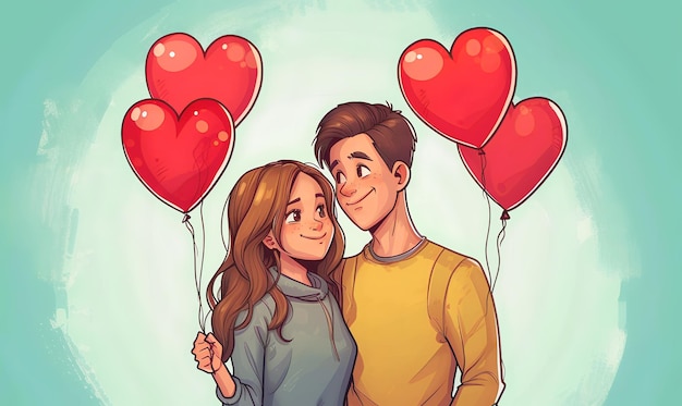 Casal jovem feliz com balões em forma de coração na cor de fundo no estilo cartoon Dia dos Namorados