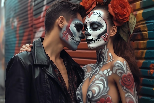 casal jovem feliz com caveira pintada no rosto ao ar livre Celebração do Dia dos Mortos no México