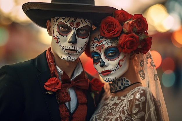 casal jovem feliz com caveira pintada no rosto ao ar livre Celebração do Dia dos Mortos no México