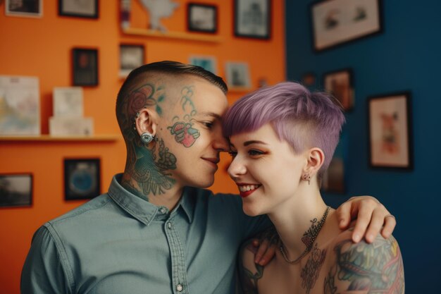 Casal jovem feliz com tatuagens e cabelos curtos de cores vivas em um escritório Generative AI AIG21