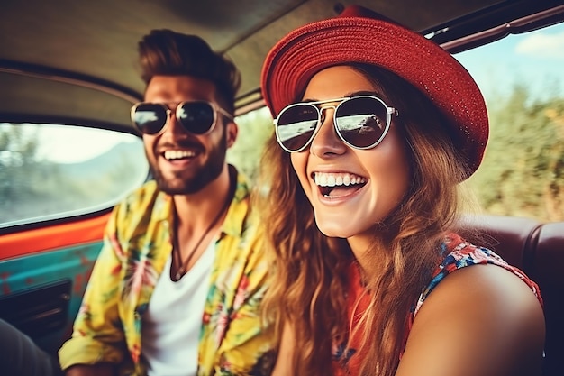 Casal jovem feliz dirigindo um carro