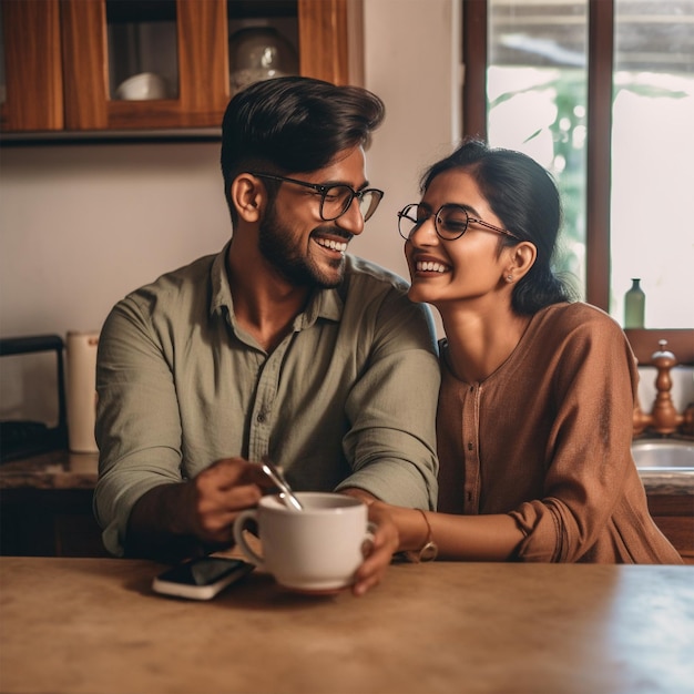 Casal jovem feliz do Sri Lanka bebendo café