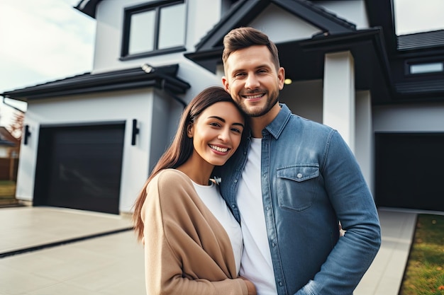 Casal jovem feliz em frente à nova casa