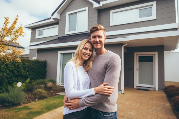 Foto casal jovem feliz em frente à nova casa