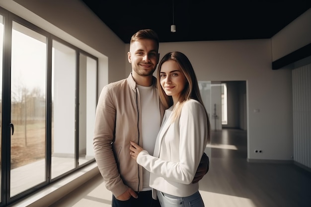 Casal jovem feliz em frente à nova casa