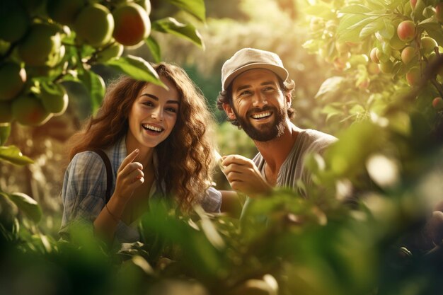 Casal jovem feliz está colhendo legumes frescos no pomar de maçã com Generative AI