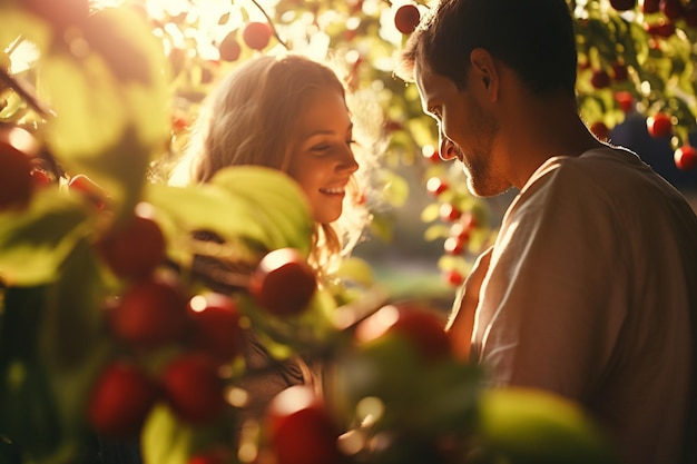 Casal jovem feliz está colhendo legumes frescos no pomar de maçã com Generative AI