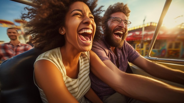 Foto casal jovem feliz gosta de montanha-russa generative ai ilustrador