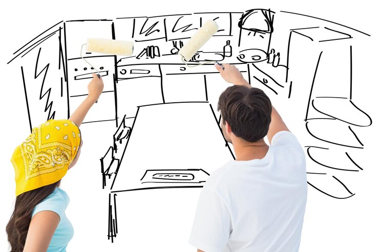 Foto casal jovem feliz pintando juntos contra o esboço da cozinha