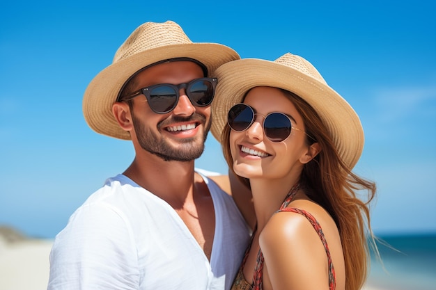 Casal jovem feliz usando óculos de sol e chapéus na praia