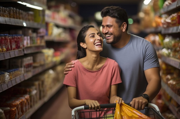 Casal jovem indiano fazendo compras junto com carrinho na mercearia ou supermercado