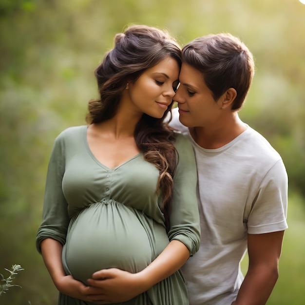 Foto casal jovem mulher grávida abraçando a beleza da natureza ao ar livre