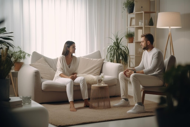 Casal jovem relaxado sentado no sofá e olhando um para o outro casal casual agradável conversando com psicólogo em sessão de terapia na sala AI gerado