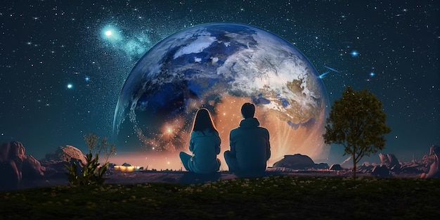 casal jovem romântico, homem e mulher, sentam-se na rocha à noite, mar, observando o céu estrelado e a lua grande