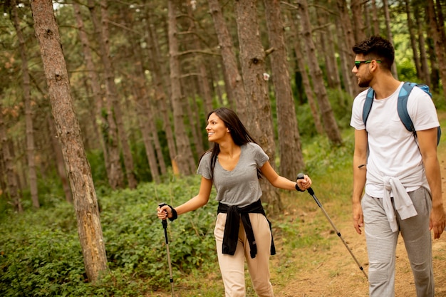 Casal jovem sorridente andando com mochilas na floresta em um dia de verão