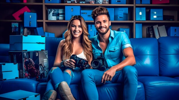 Casal jovem sorridente feliz sentado no sofá com muitas caixas com gadgets ao seu redor