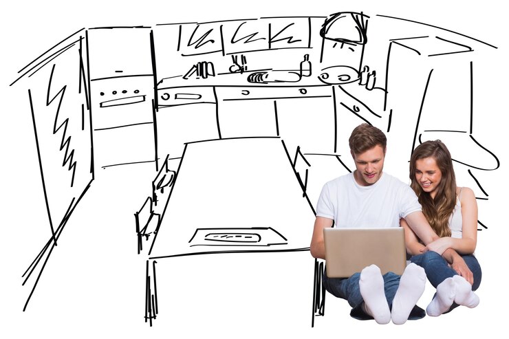 Foto casal jovem usando laptop no chão contra esboço de cozinha