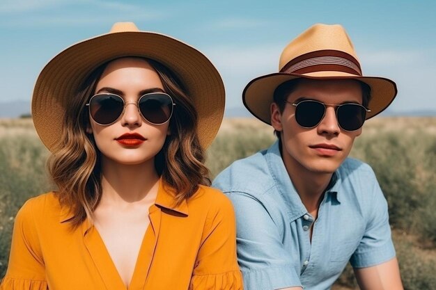 Foto casal lindo e elegante em um campo com girassóis