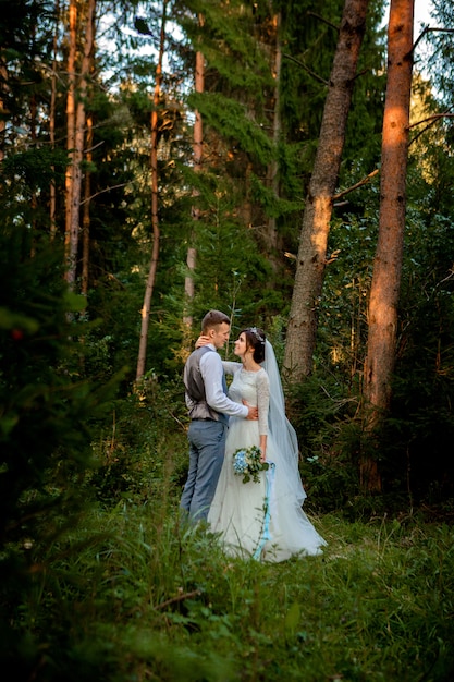 Casal lindo recém-casado andando na floresta. Lua de mel. Noiva e noivo segurando a mão na floresta de pinheiros, foto para dia dos namorados