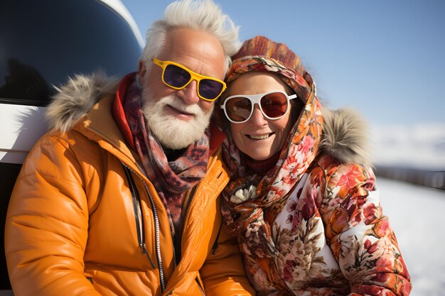 Foto casal maduro feliz em roupas esportivas de inverno no resort no inverno aposentadoria ativa