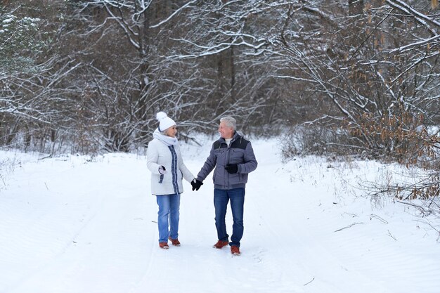 Casal maduro feliz se divertindo ao ar livre no inverno