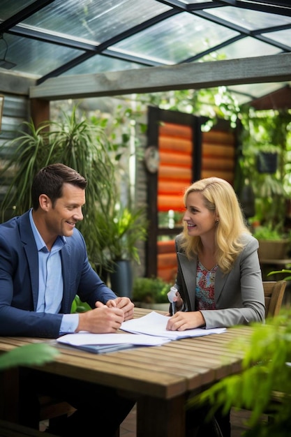 Foto casal maduro sorridente discutindo documentos com um agente imobiliário à mesa