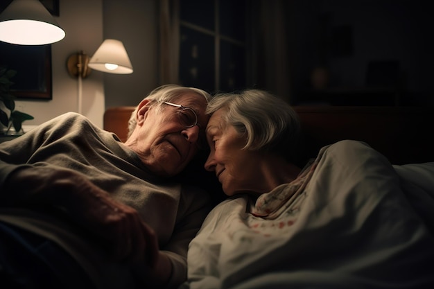 Casal mais velho feliz passa a noite juntos no quarto antes de dormir ai generativo