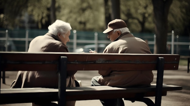 Casal mais velho sentado em um banco vovó vovô avós amam IA generativa idosa