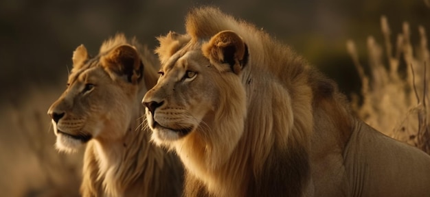 Casal majestoso de leões africanos, orgulho amoroso, animais selvagens, IA geradora