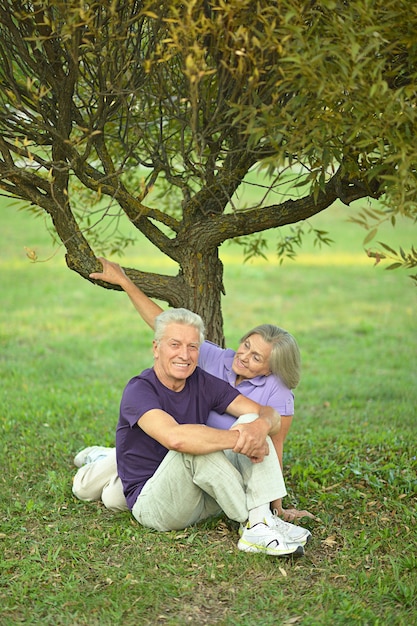 Casal maturo feliz sentado no parque num dia de verão