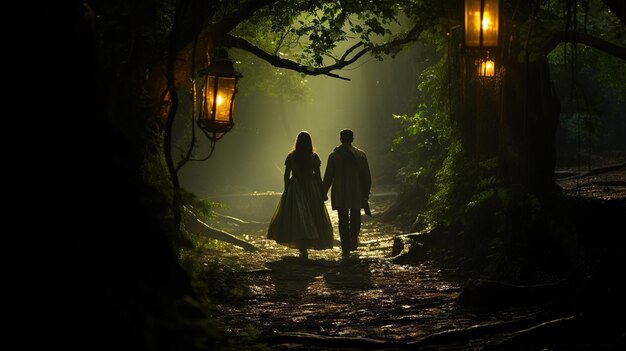 Casal medieval de viagem encantada entrando em uma floresta mística