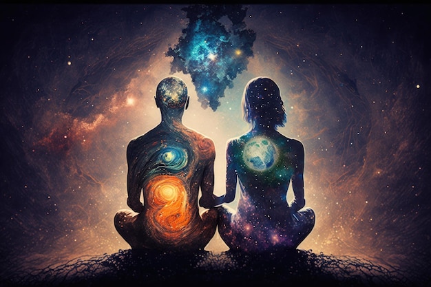 Foto casal medita na ia geradora do universo