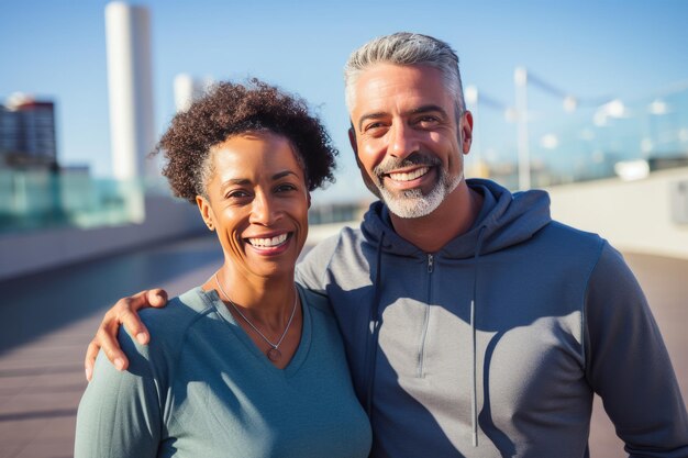 Casal multiétnico adulto em roupas esportivas olhando para a câmera com sorriso alegre e energético feliz