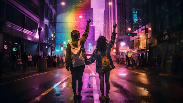 Casal na estrada com luz colorida do arco-íris Conceito de orgulho LGBTxA AI gerada