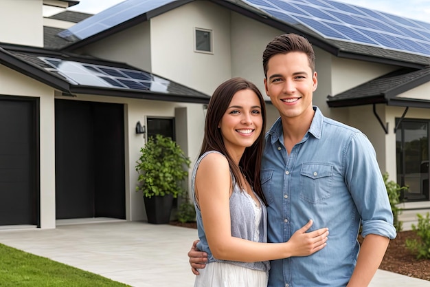 casal na frente de uma nova casa grande e moderna ao ar livre Conceito de nova casa imobiliária
