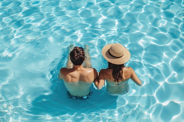 Foto casal na piscina azul clara juntos aproveitando as férias de verão