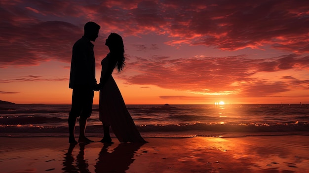 Casal na praia ao pôr do sol conceito de silhueta